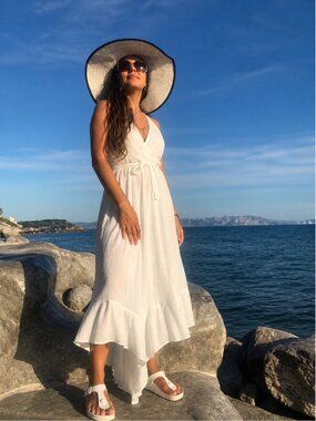 Elegant White Cotton Candy Sleeveless Tie Dress Pantsuit – Breezy & Versatile